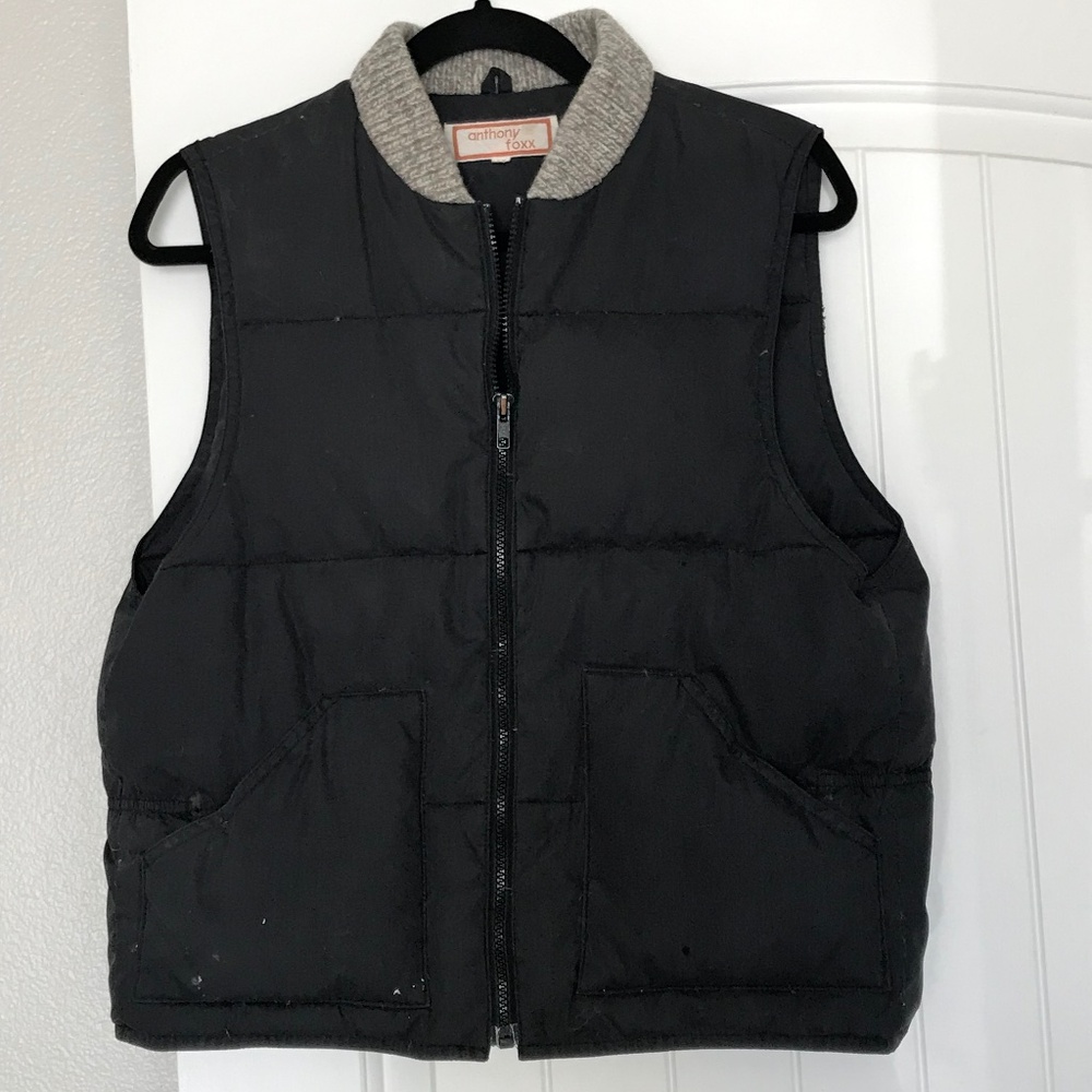 Vintage Anthony Foxx black puffer vest with wool knit collar